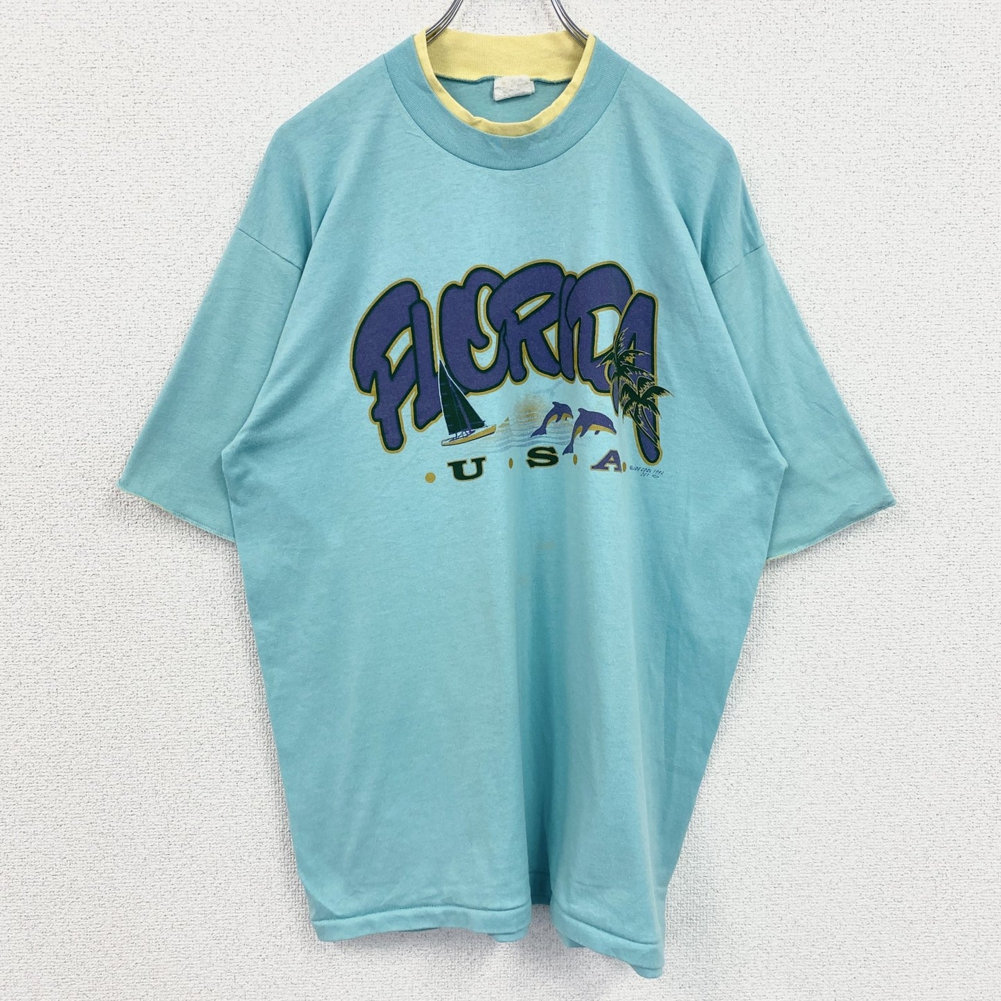 古着 used　90s　1994　半袖プリントTシャツ　ヴィンテージ　クルーネック　レトロデザイン　水色　ライトブルー　XLサイズ