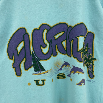 古着 used　90s　1994　半袖プリントTシャツ　ヴィンテージ　クルーネック　レトロデザイン　水色　ライトブルー　XLサイズ