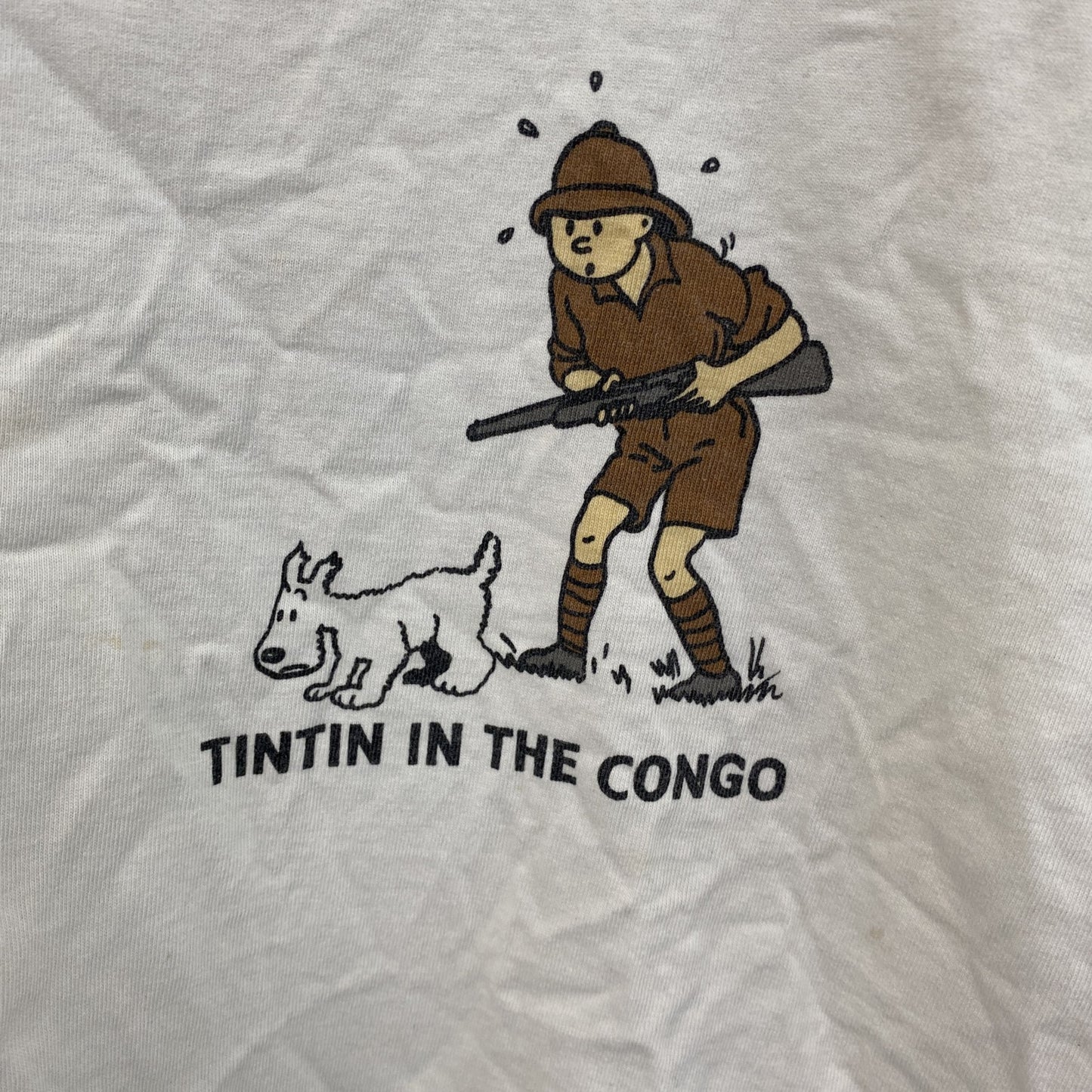 古着 used　半袖プリントTシャツ　ハンティング　ワニ　犬　両面プリント　白　ホワイト　クルーネック　レトロデザイン　XLサイズ