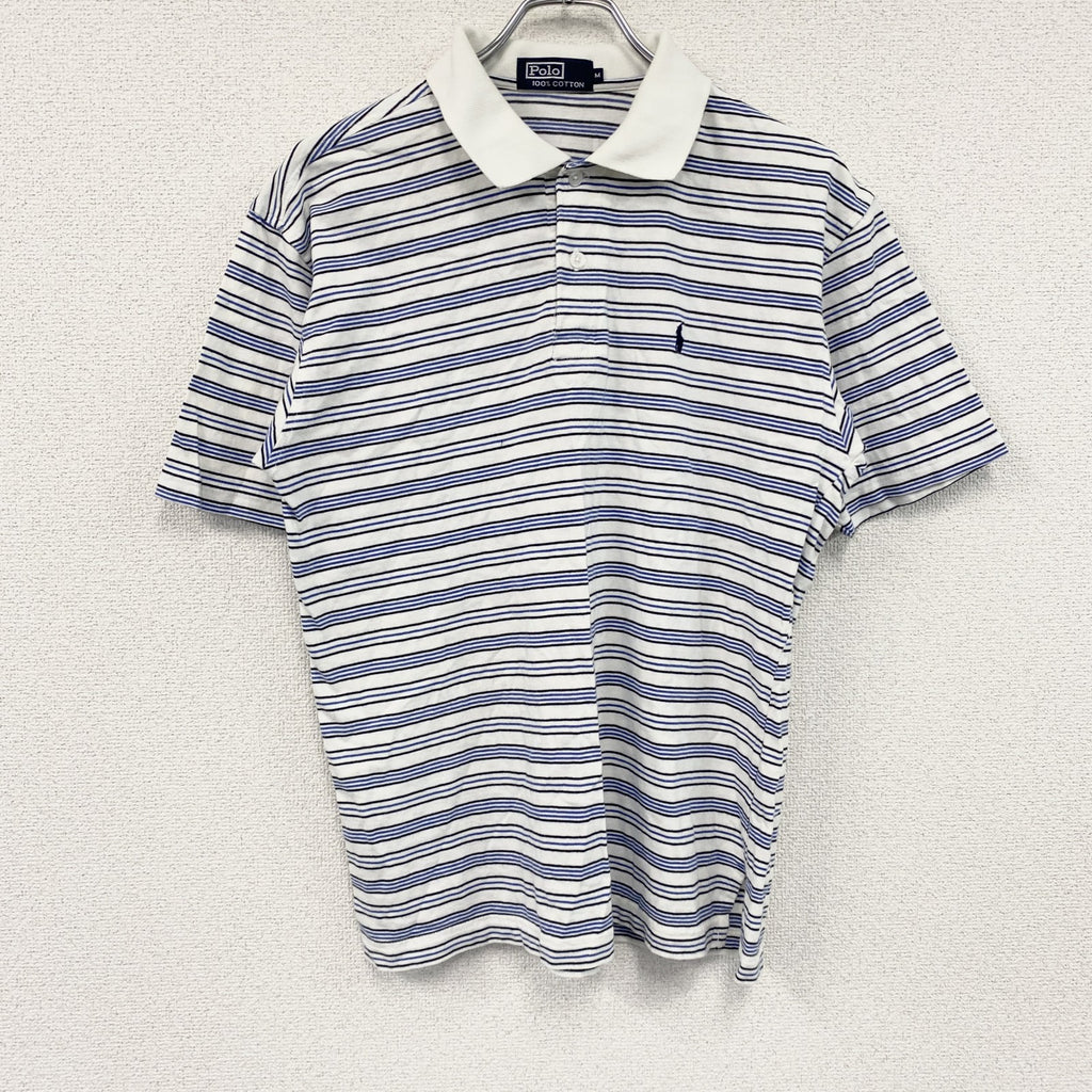 Polo　ポロ　半袖ポロシャツ　ロゴ刺繡　ストライプ柄　青　ブルー　Mサイズ