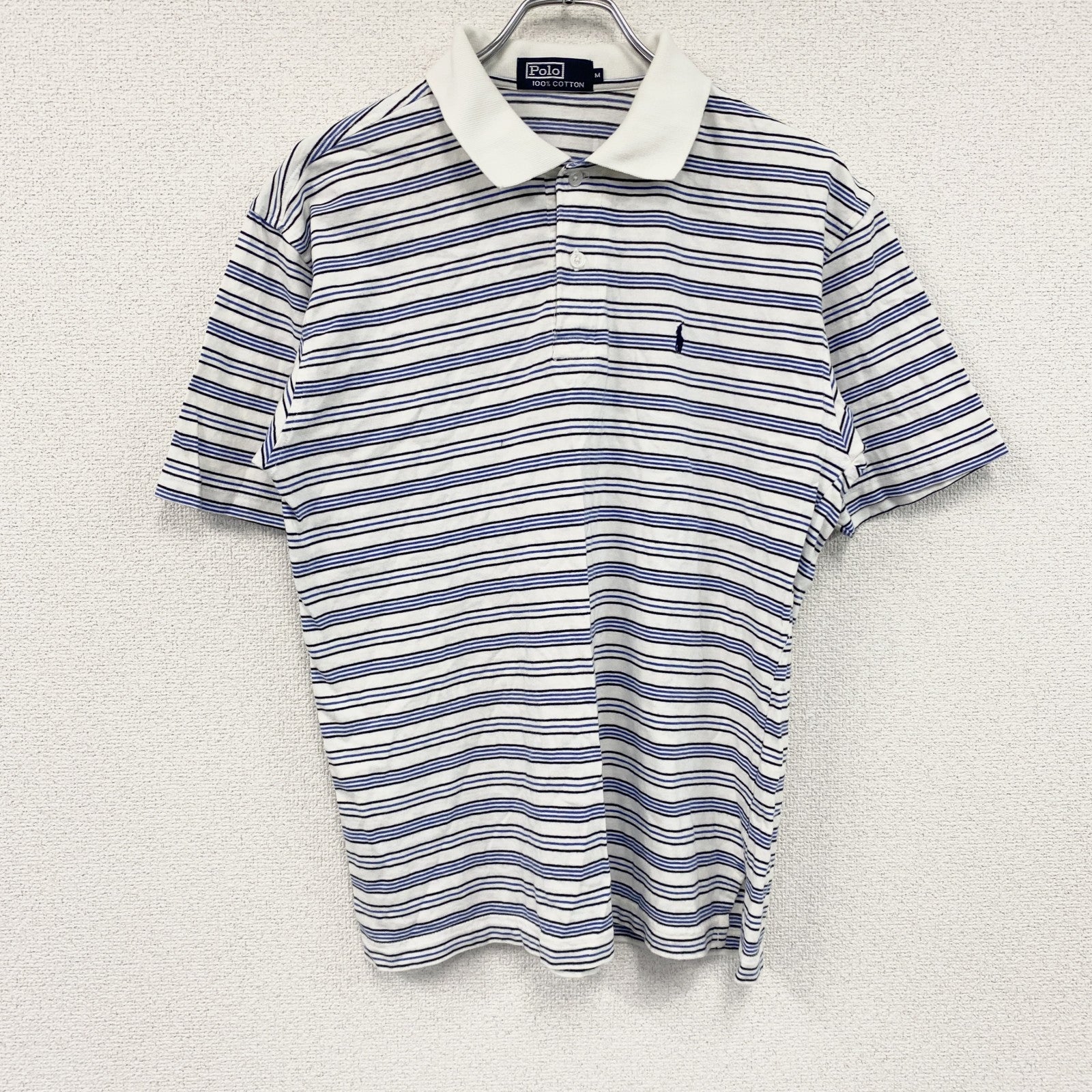 Polo　ポロ　半袖ポロシャツ　ロゴ刺繡　ストライプ柄　青　ブルー　Mサイズ