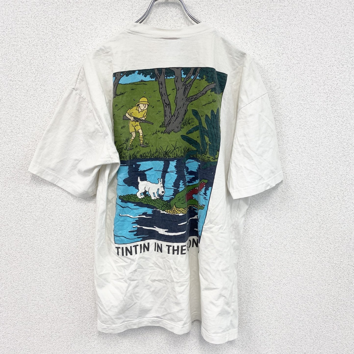 古着 used　半袖プリントTシャツ　ハンティング　ワニ　犬　両面プリント　白　ホワイト　クルーネック　レトロデザイン　XLサイズ