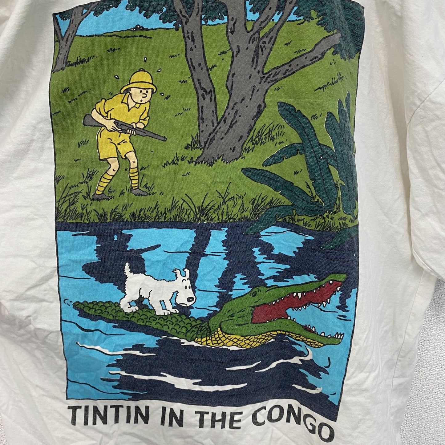 古着 used　半袖プリントTシャツ　ハンティング　ワニ　犬　両面プリント　白　ホワイト　クルーネック　レトロデザイン　XLサイズ