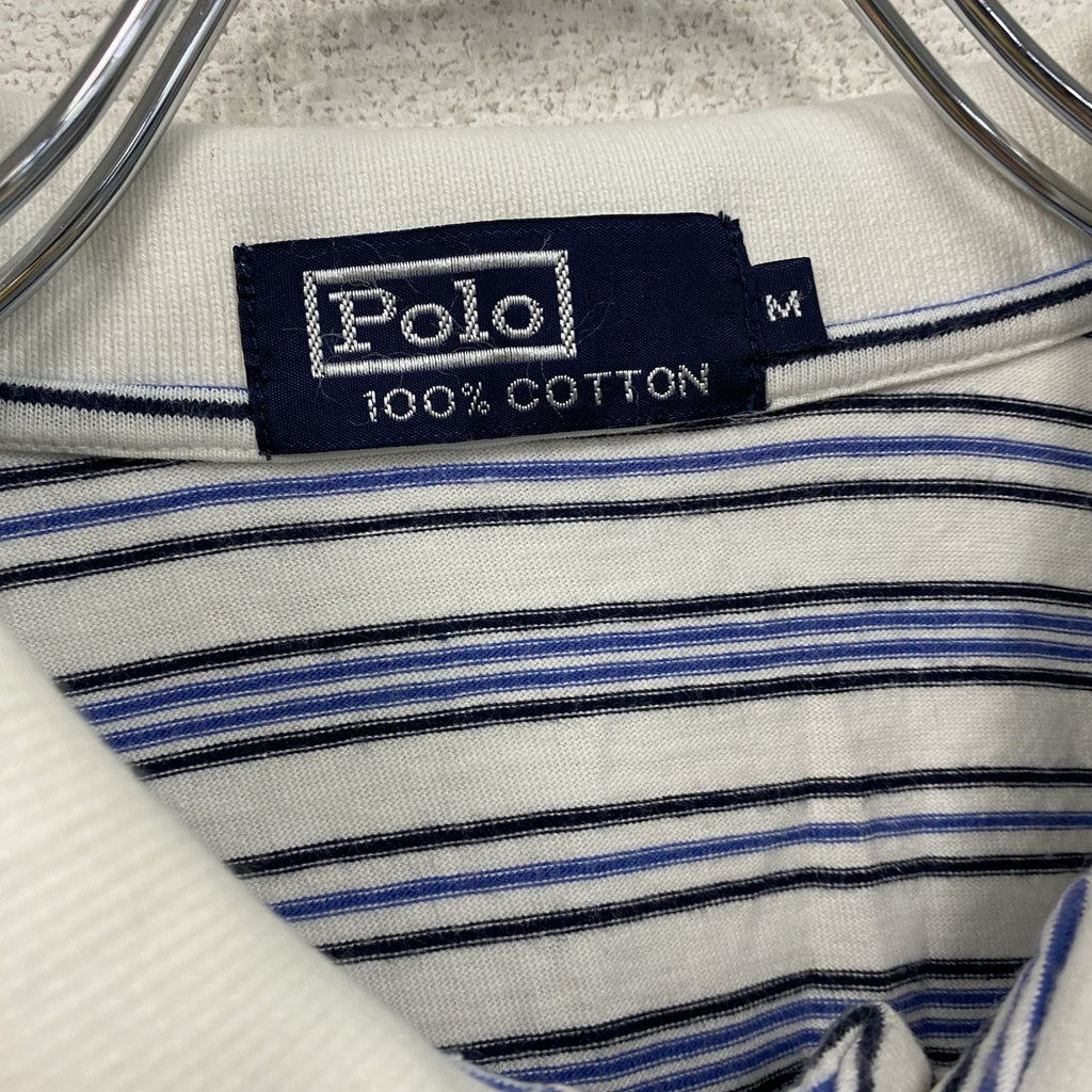 Polo　ポロ　半袖ポロシャツ　ロゴ刺繡　ストライプ柄　青　ブルー　Mサイズ