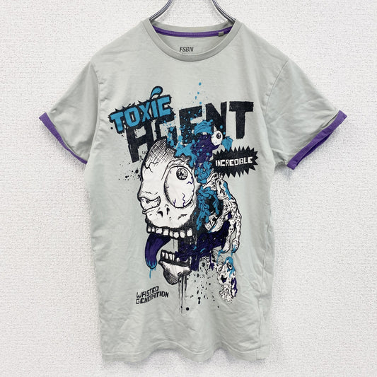 古着 used　半袖プリントTシャツ　モンスター　ゾンビ　灰色　紫　ライトグレー　パープル　クルーネック　レトロデザイン　Sサイズ