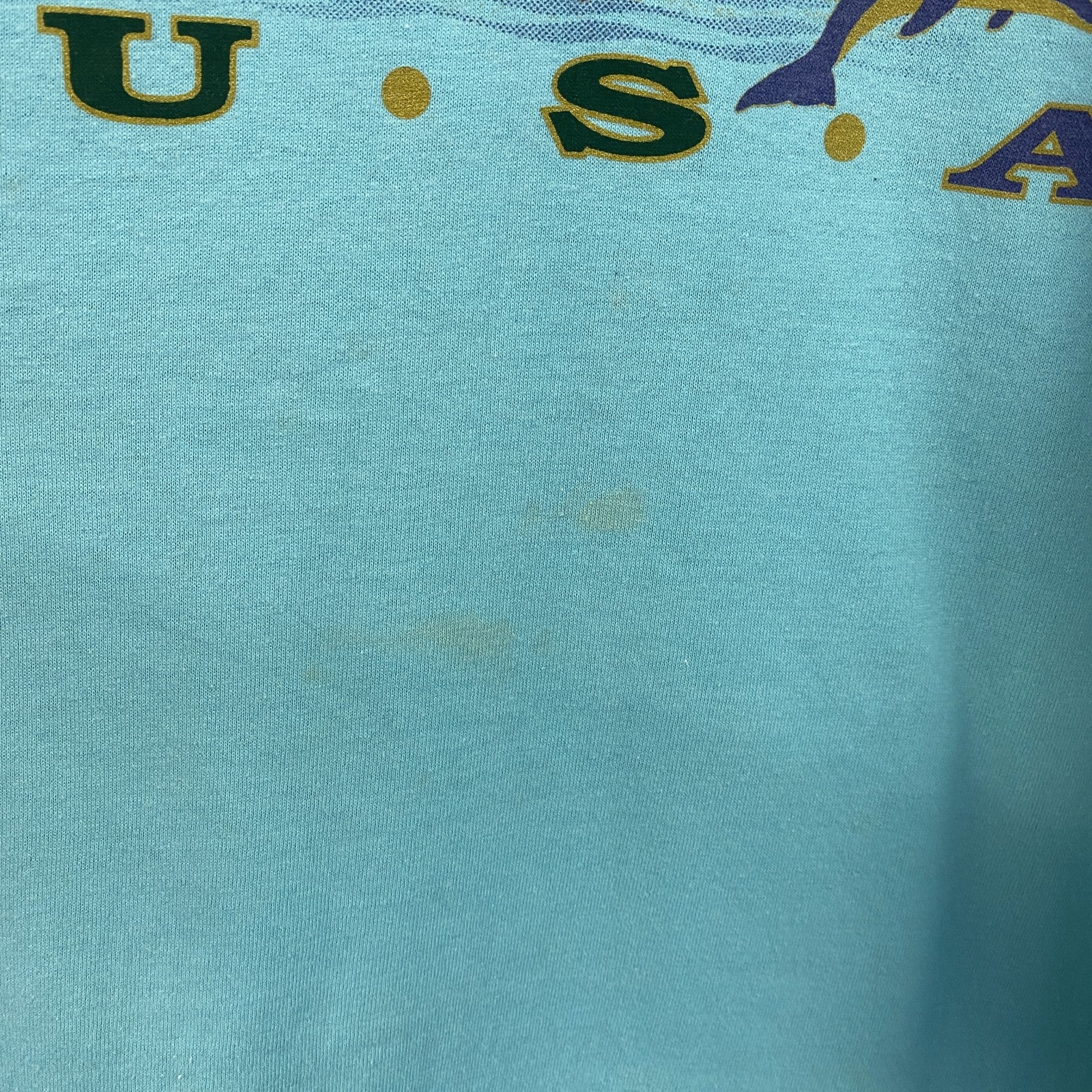 古着 used　90s　1994　半袖プリントTシャツ　ヴィンテージ　クルーネック　レトロデザイン　水色　ライトブルー　XLサイズ