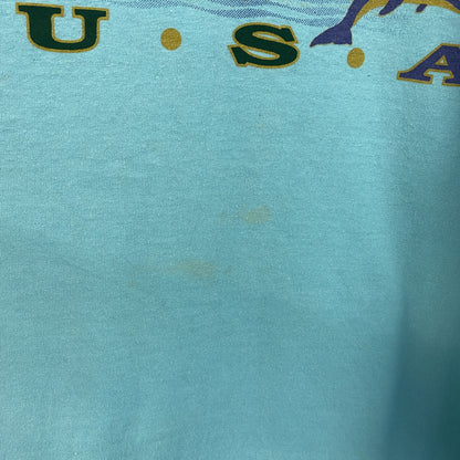 古着 used　90s　1994　半袖プリントTシャツ　ヴィンテージ　クルーネック　レトロデザイン　水色　ライトブルー　XLサイズ