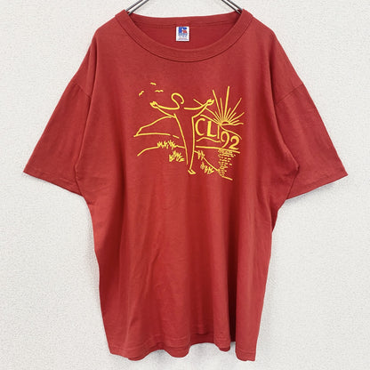 古着 used　90s　RUSSELL ラッセル　半袖プリントTシャツ　ヴィンテージ　シングルステッチ　赤　レトロ　XLサイズ