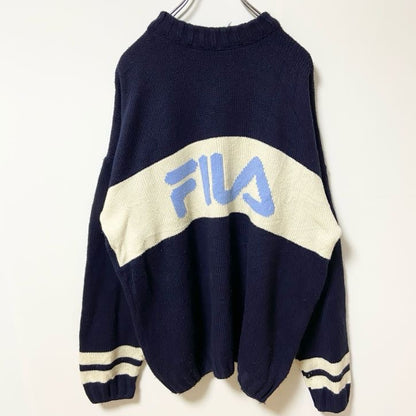 90s　FILA フィラ　ロゴデザインニットセーター　ビックシルエット　ヴィンテージ　ネイビー　XLサイズ