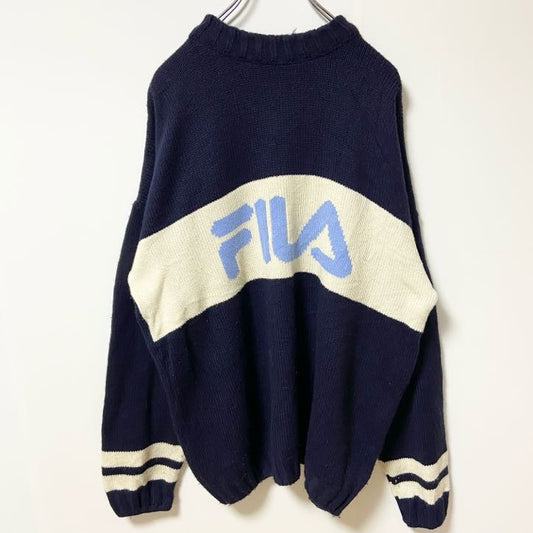 90s　FILA フィラ　ロゴデザインニットセーター　ビックシルエット　ヴィンテージ　ネイビー　XLサイズ