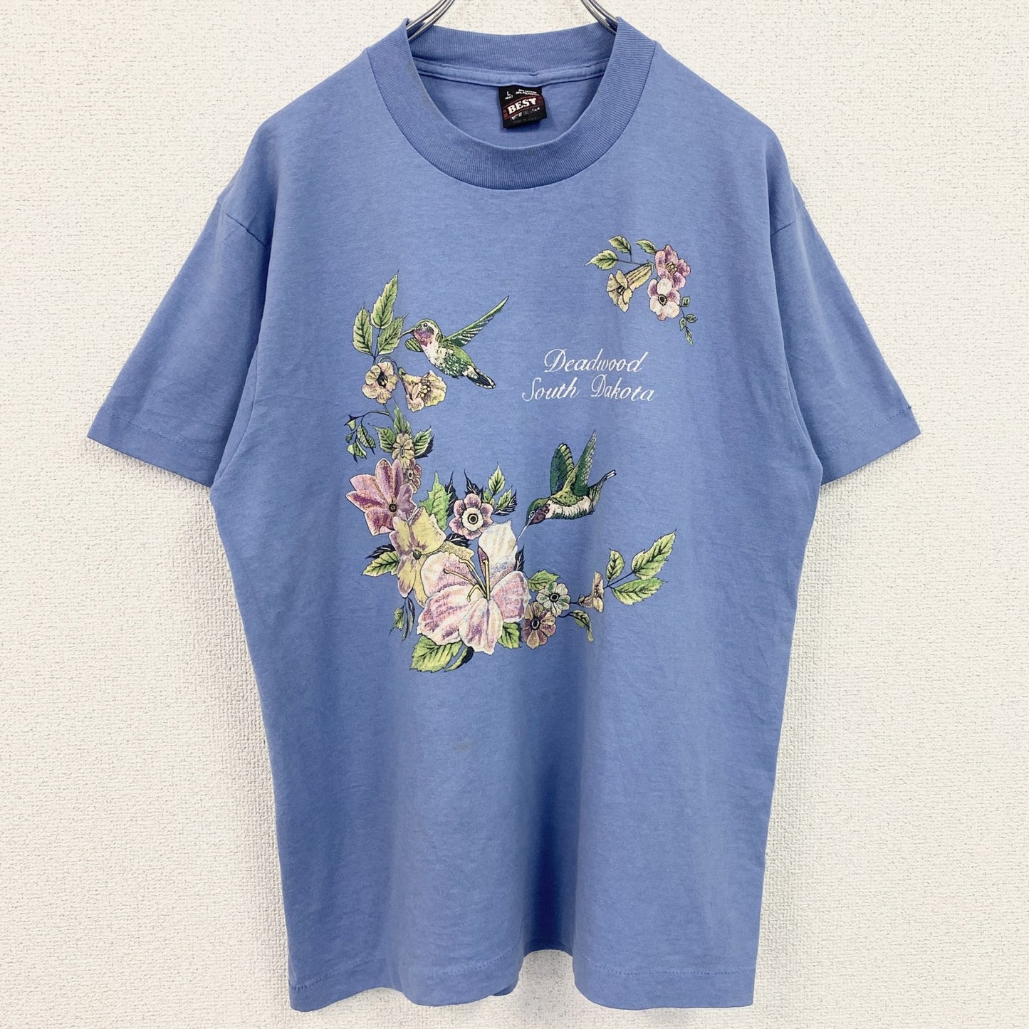 古着 used　90s　半袖プリントTシャツ　ヴィンテージ　シングルステッチ　花柄　水色　クルーネック　レトロ　Lサイズ