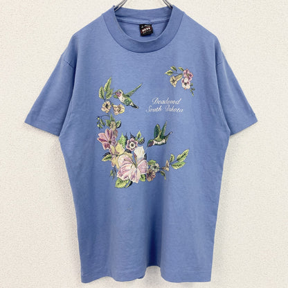 古着 used　90s　半袖プリントTシャツ　ヴィンテージ　シングルステッチ　花柄　水色　クルーネック　レトロ　Lサイズ