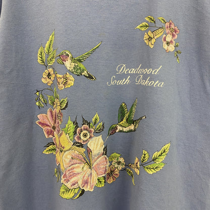 古着 used　90s　半袖プリントTシャツ　ヴィンテージ　シングルステッチ　花柄　水色　クルーネック　レトロ　Lサイズ