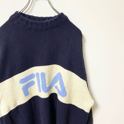 90s　FILA フィラ　ロゴデザインニットセーター　ビックシルエット　ヴィンテージ　ネイビー　XLサイズ