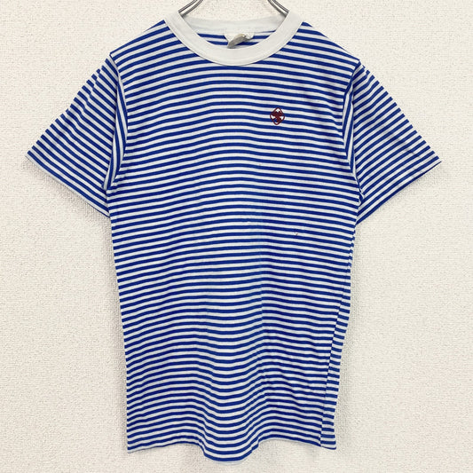 古着 used　90s　半袖ボーダー柄Tシャツ　ワンポイントプリント　クルーネック　青白　クローバー　シングルステッチ　レトロ