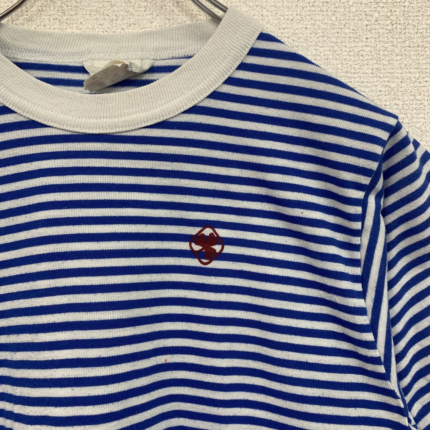 古着 used　90s　半袖ボーダー柄Tシャツ　ワンポイントプリント　クルーネック　青白　クローバー　シングルステッチ　レトロ