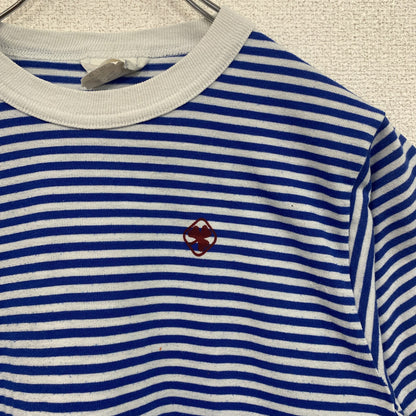 古着 used　90s　半袖ボーダー柄Tシャツ　ワンポイントプリント　クルーネック　青白　クローバー　シングルステッチ　レトロ