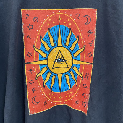 古着 used 　半袖プリントTシャツ　アート　太陽　マヤ文明　瞳　クルーネック　レトロデザイン　Sサイズ