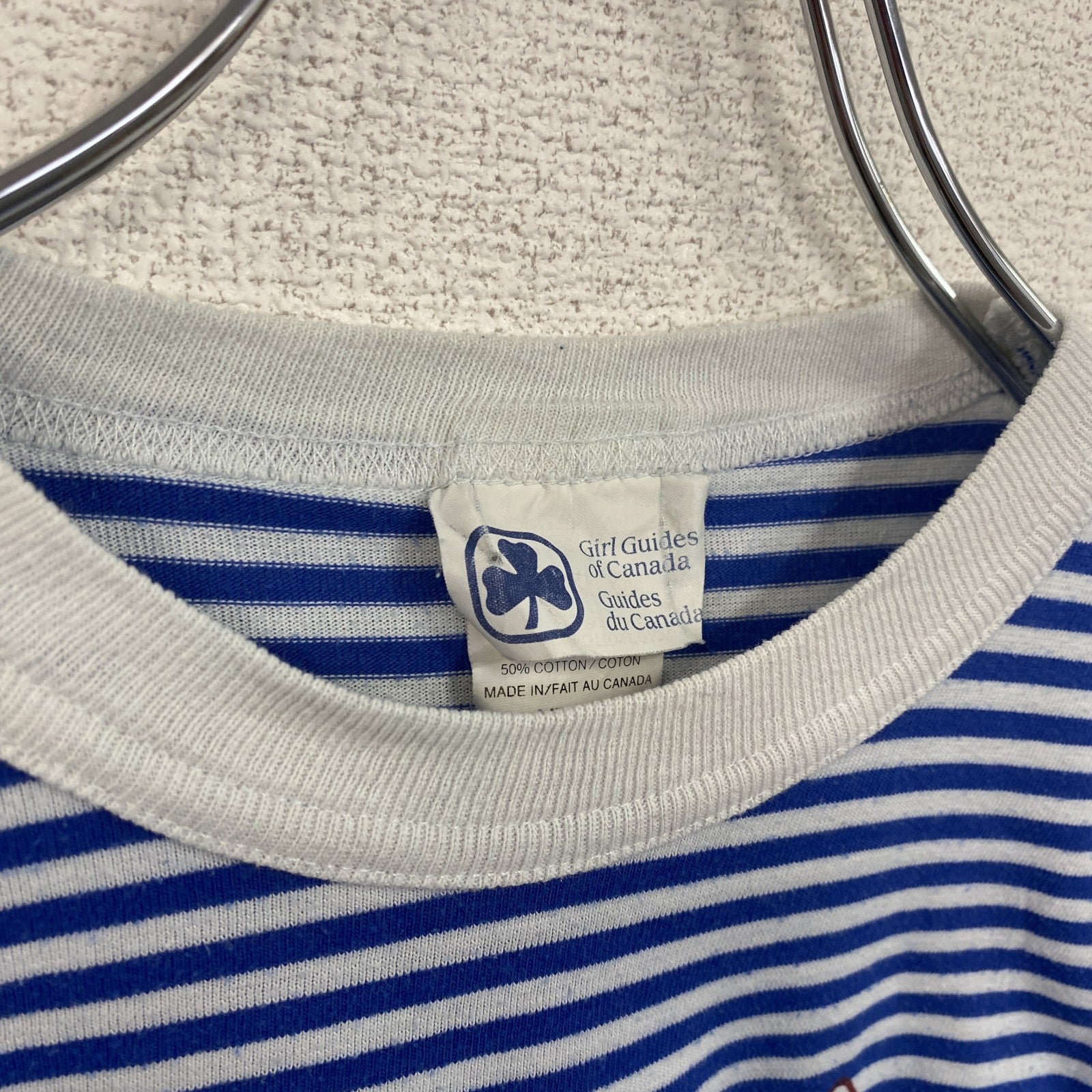 古着 used　90s　半袖ボーダー柄Tシャツ　ワンポイントプリント　クルーネック　青白　クローバー　シングルステッチ　レトロ