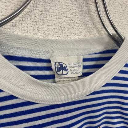 古着 used　90s　半袖ボーダー柄Tシャツ　ワンポイントプリント　クルーネック　青白　クローバー　シングルステッチ　レトロ