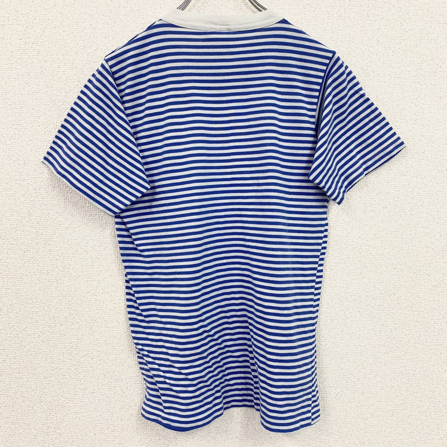 古着 used　90s　半袖ボーダー柄Tシャツ　ワンポイントプリント　クルーネック　青白　クローバー　シングルステッチ　レトロ