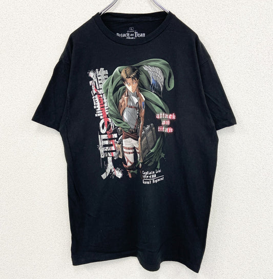 古着 used　進撃の巨人　半袖オリジナルアニメプリントTシャツ　リヴァイ兵長　クルーネック　レトロデザイン　黒　Lサイズ