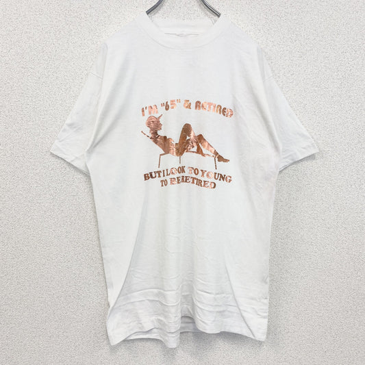 古着 used　半袖プリントTシャツ　レトロデザイン　ヴィンテージ　クルーネック　シングルステッチ　90s　白　ホワイト