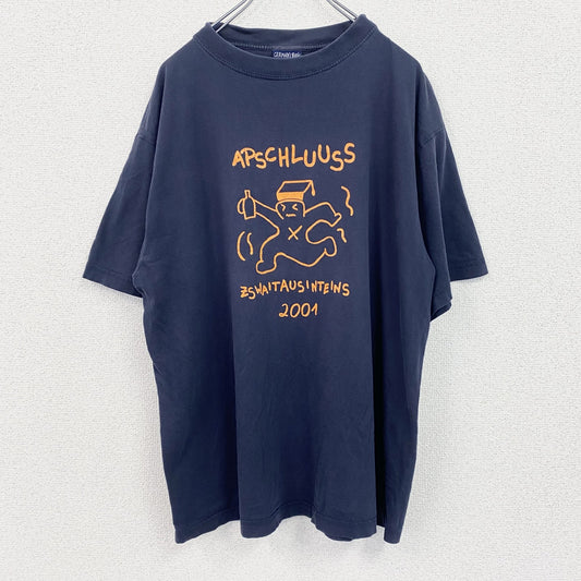 古着 used 　半袖プリントTシャツ　2001　クラスT　両面プリント　紺　ネイビー　クルーネック　レトロデザイン　Mサイズ