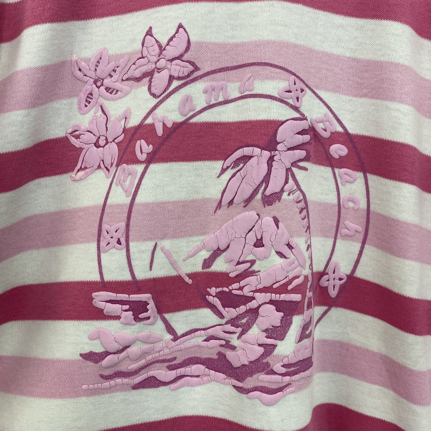 古着 used　半袖プリントTシャツ　レトロデザイン　クルーネック　シングルステッチ　ヴィンテージ　ボーダー　バハマ　ピンク