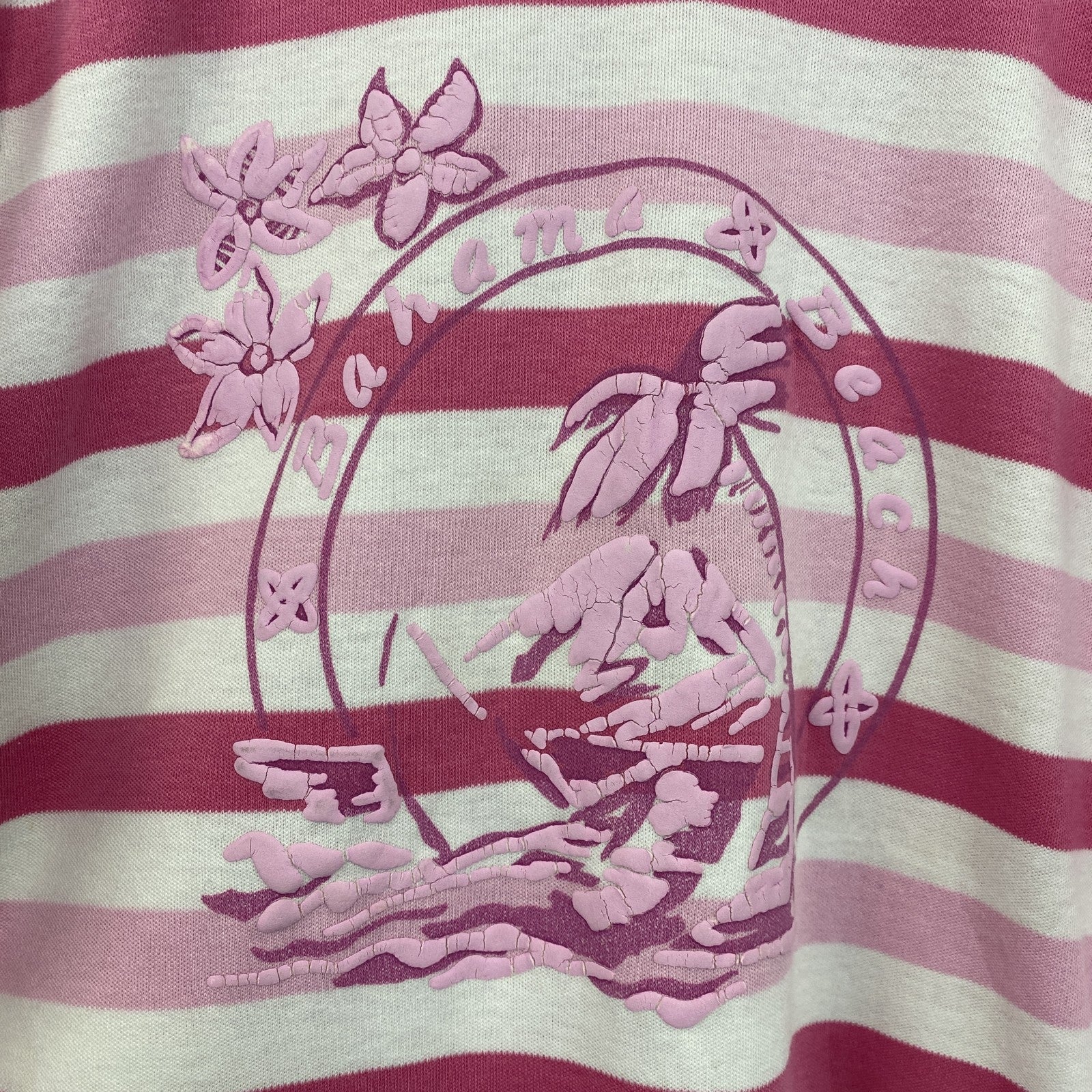 古着 used　半袖プリントTシャツ　レトロデザイン　クルーネック　シングルステッチ　ヴィンテージ　ボーダー　バハマ　ピンク