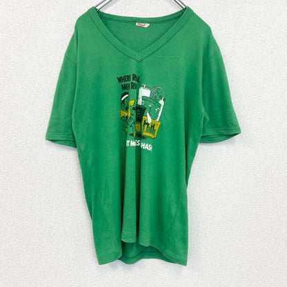 80s～　半袖プリントTシャツ　Vネック　6連プリント　両面プリント　シングルステッチ　クルーネック　ヴィンテージ　緑　グリーン
