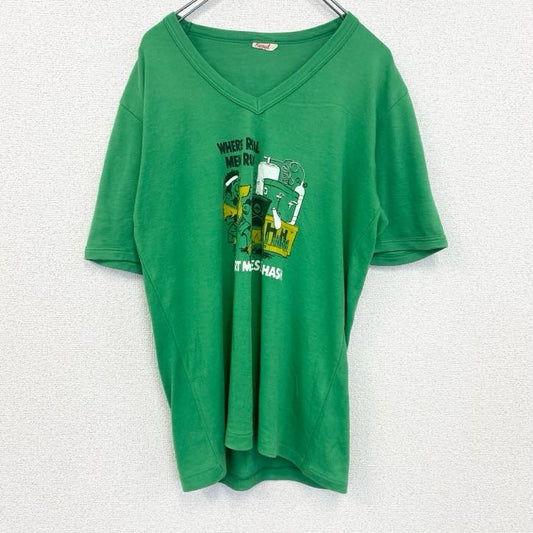 80s～　半袖プリントTシャツ　Vネック　6連プリント　両面プリント　シングルステッチ　クルーネック　ヴィンテージ　緑　グリーン