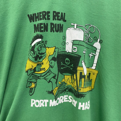 80s～　半袖プリントTシャツ　Vネック　6連プリント　両面プリント　シングルステッチ　クルーネック　ヴィンテージ　緑　グリーン