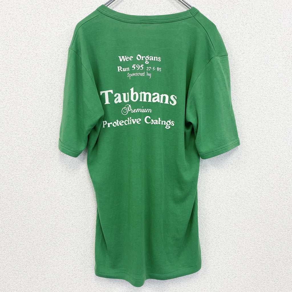80s～　半袖プリントTシャツ　Vネック　6連プリント　両面プリント　シングルステッチ　クルーネック　ヴィンテージ　緑　グリーン