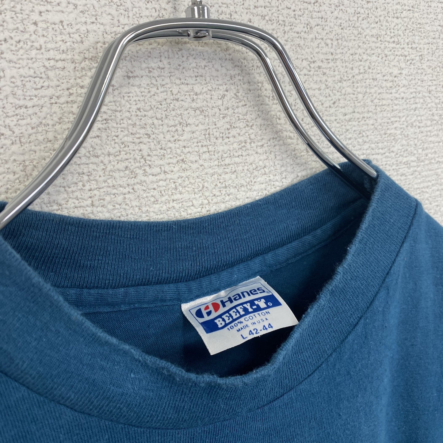 古着 used　半袖プリントTシャツ　レトロデザイン　クルーネック　シングルステッチ　90s　無地　シンプル　紺　Lサイズ
