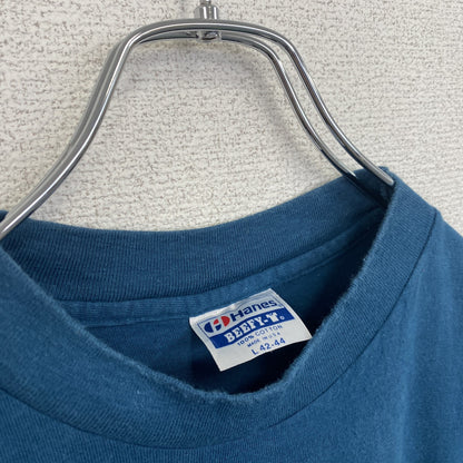 古着 used　半袖プリントTシャツ　レトロデザイン　クルーネック　シングルステッチ　90s　無地　シンプル　紺　Lサイズ