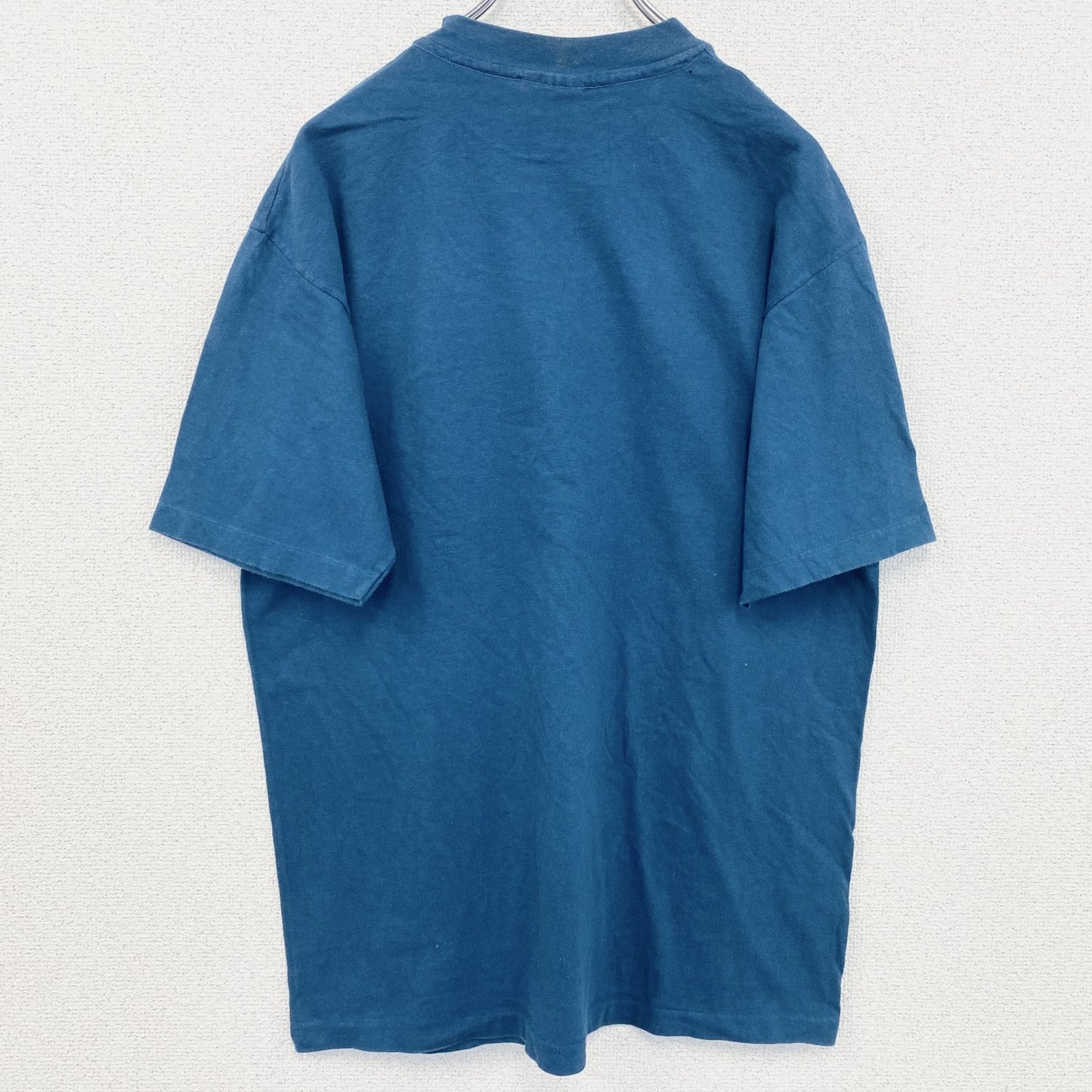 古着 used　半袖プリントTシャツ　レトロデザイン　クルーネック　シングルステッチ　90s　無地　シンプル　紺　Lサイズ