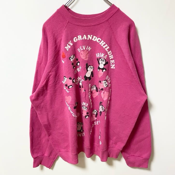 古着 used　90s　長袖アニマル柄プリントスウェット　トレーナー　パンダ　ピンク　ヴィンテージ　ラグランスリーブ　XLサイズ