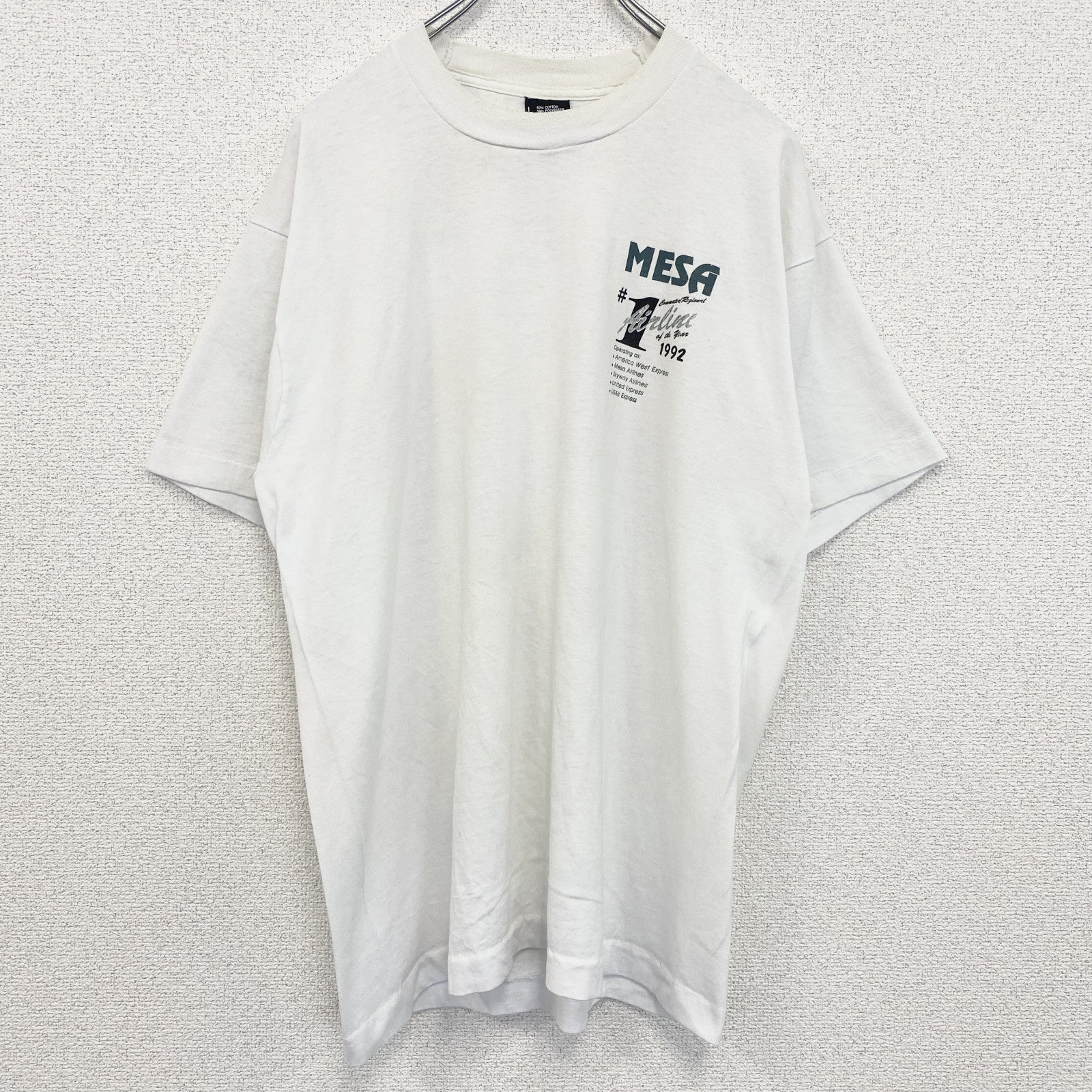 古着 used　半袖プリントTシャツ　レトロデザイン　クルーネック　シングルステッチ　90s　ヴィンテージ　白　ホワイト　Lサイズ