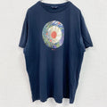 古着 used 　半袖プリントTシャツ　葉っぱ　リーフ　花　フラワー　紺　ネイビー　レトロデザイン　クルーネック　XLサイズ