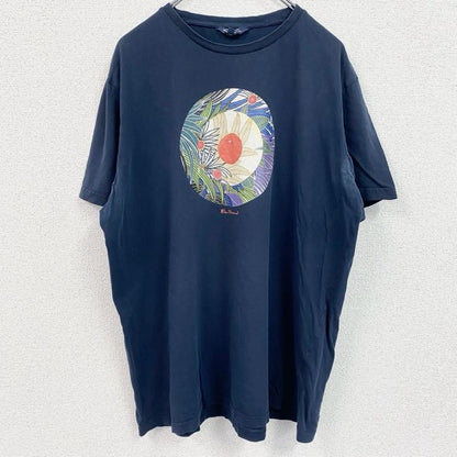 古着 used 　半袖プリントTシャツ　葉っぱ　リーフ　花　フラワー　紺　ネイビー　レトロデザイン　クルーネック　XLサイズ