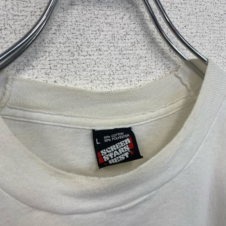 古着 used　半袖プリントTシャツ　レトロデザイン　クルーネック　シングルステッチ　90s　ヴィンテージ　白　ホワイト　Lサイズ