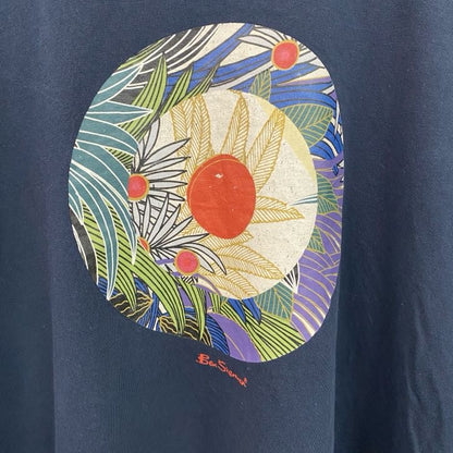 古着 used 　半袖プリントTシャツ　葉っぱ　リーフ　花　フラワー　紺　ネイビー　レトロデザイン　クルーネック　XLサイズ