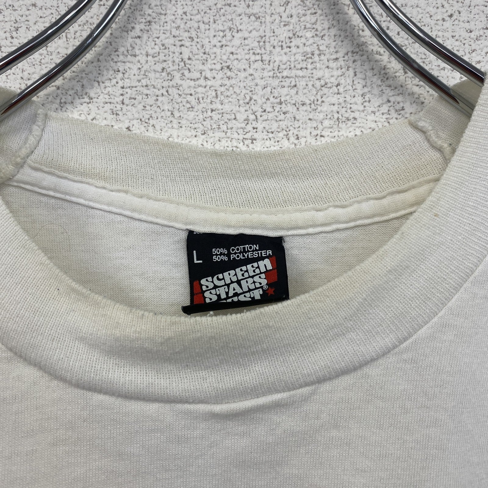 古着 used　半袖プリントTシャツ　レトロデザイン　クルーネック　シングルステッチ　90s　ヴィンテージ　白　ホワイト　Lサイズ