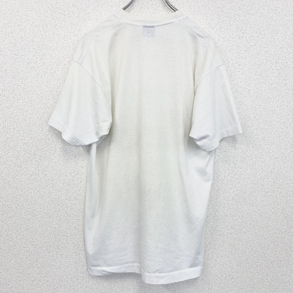 古着 used　半袖プリントTシャツ　レトロデザイン　クルーネック　シングルステッチ　90s　ヴィンテージ　白　ホワイト　Lサイズ