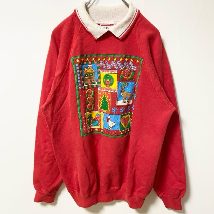 古着 used　80s　Hanes　ヘインズ　USA製　長袖襟付きスウェット　トレーナー　ラグラン　ヴィンテージ　赤　XLサイズ