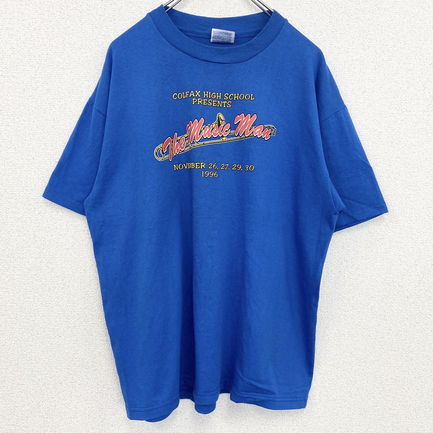 90s　半袖プリントTシャツ　5連プリント　シングルステッチ　ミュージック　クルーネック　ヴィンテージ　青　ブルー　Lサイズ