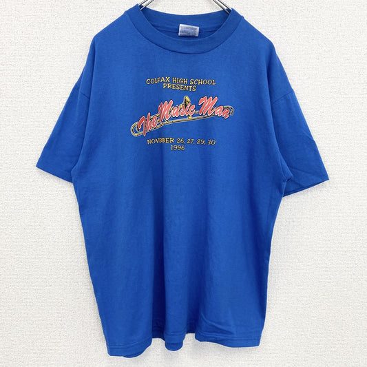 90s　半袖プリントTシャツ　5連プリント　シングルステッチ　ミュージック　クルーネック　ヴィンテージ　青　ブルー　Lサイズ