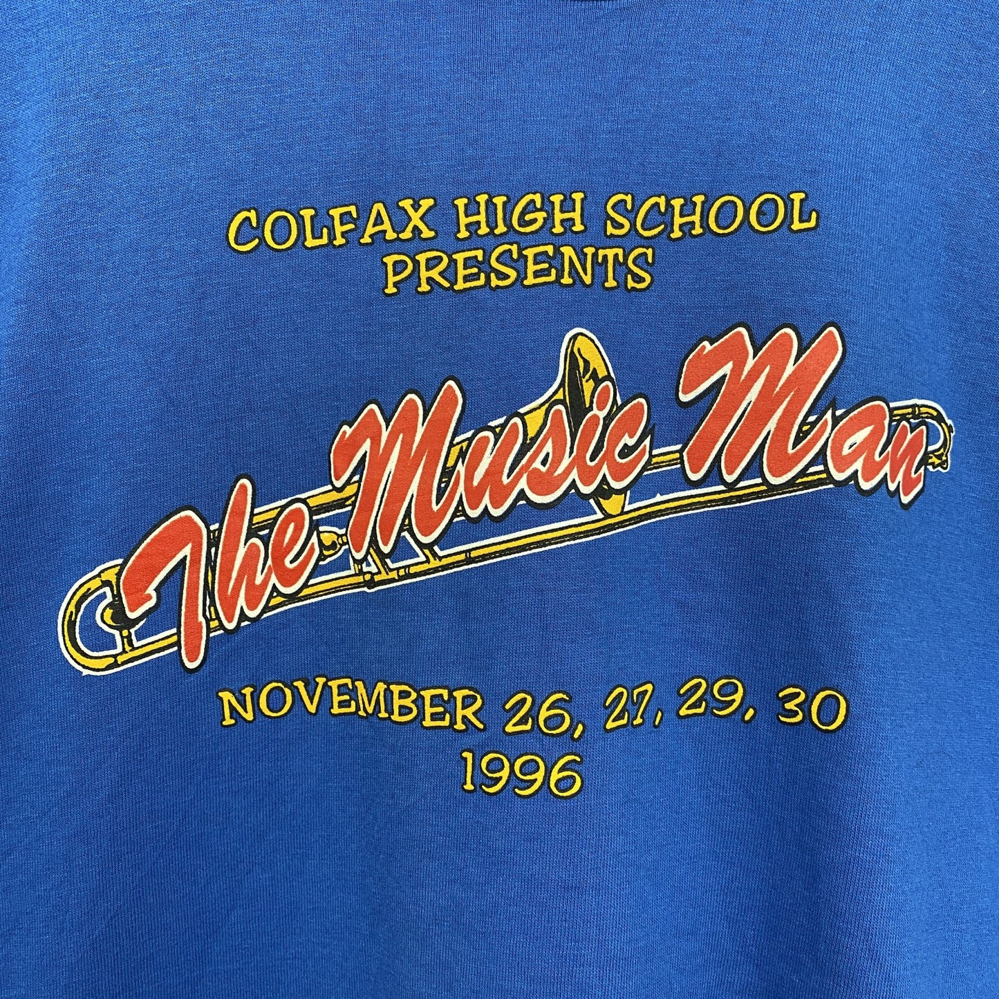 90s　半袖プリントTシャツ　5連プリント　シングルステッチ　ミュージック　クルーネック　ヴィンテージ　青　ブルー　Lサイズ