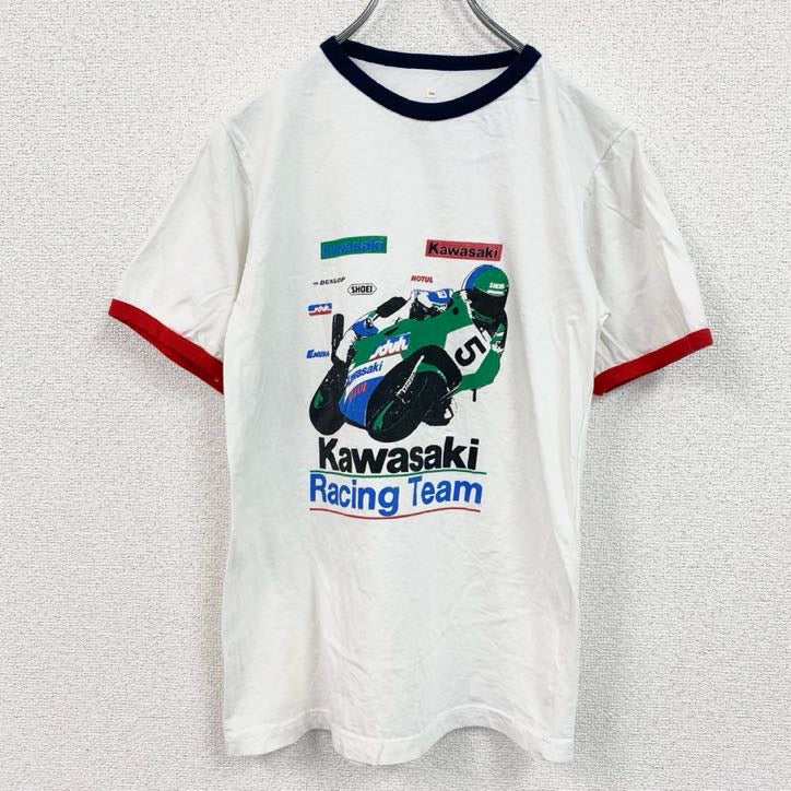 古着 used 　半袖プリントTシャツ　Kawasaki　カワサキ　リンガーT　レーシング　レトロデザイン　クルーネック